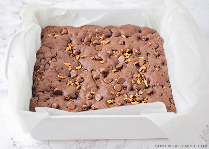 a baking dish with brownies fresh from the oven