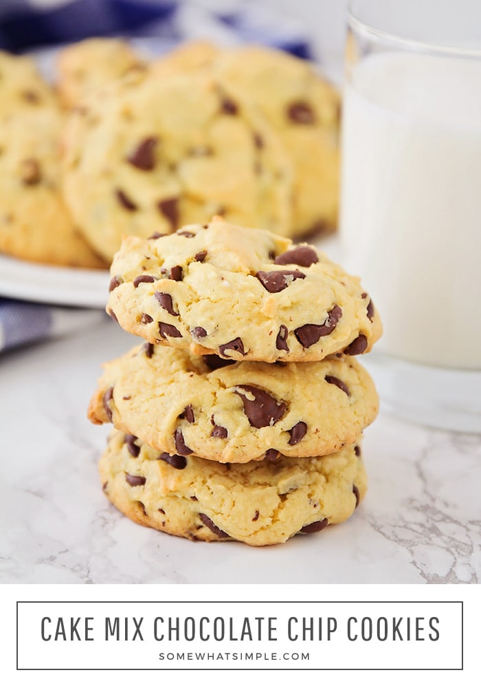 These cake mix chocolate chip cookies are the easiest cookies ever! They're soft and tender, and loaded with chocolate chips! #cakemixchocolatechipcookies #cakemixcookierecipe #yellowcakemixchocolatechipcookies #easycakemixchocolatechipcookies #howtomakecookiesfromcakemix via @somewhatsimple