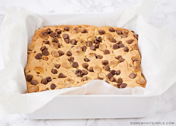 a baking pan filled with cake mix cookie bars fresh out of the oven