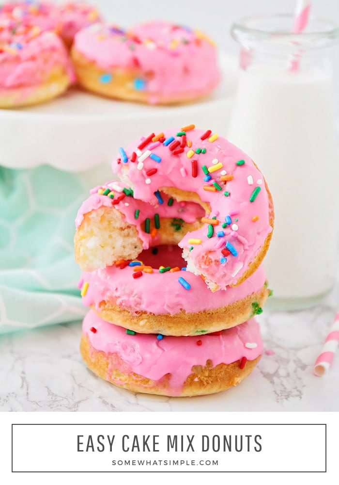 These fun and easy to make cake mix donuts are baked, not fried. You can make these delicious donuts at home in less than 30 minutes! #cakemixdonuts #bakedcakemixdonuts #cakemixdonutrecipe #cakemixrecipes #easycakemixdonuts via @somewhatsimple