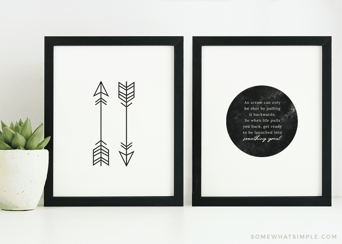 two picture frames next to each other with this free printable. One has two arrows and the other has an inspirational quote that talks about an arrow