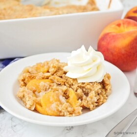 This simple and delicious peach cobbler is made with cake mix, and has only 5 minutes of hands on time. It's the perfect summer dessert!