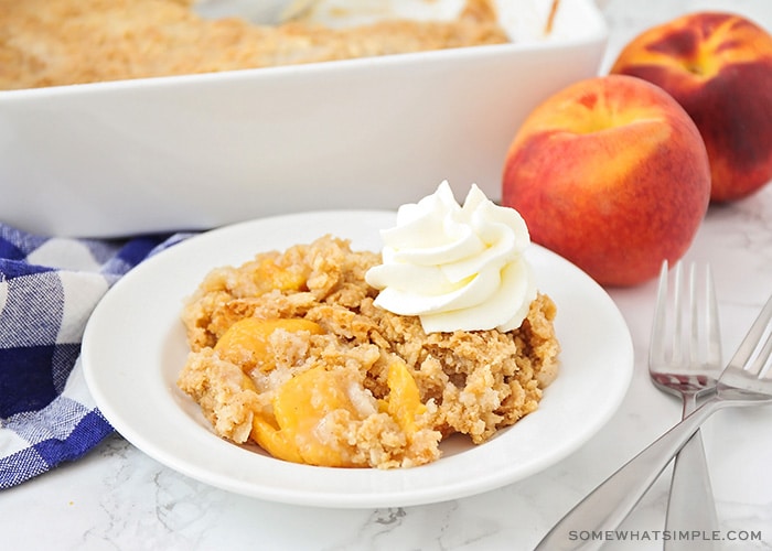 This simple and delicious peach cobbler is made with cake mix, and has only 5 minutes of hands on time. It's the perfect summer dessert!