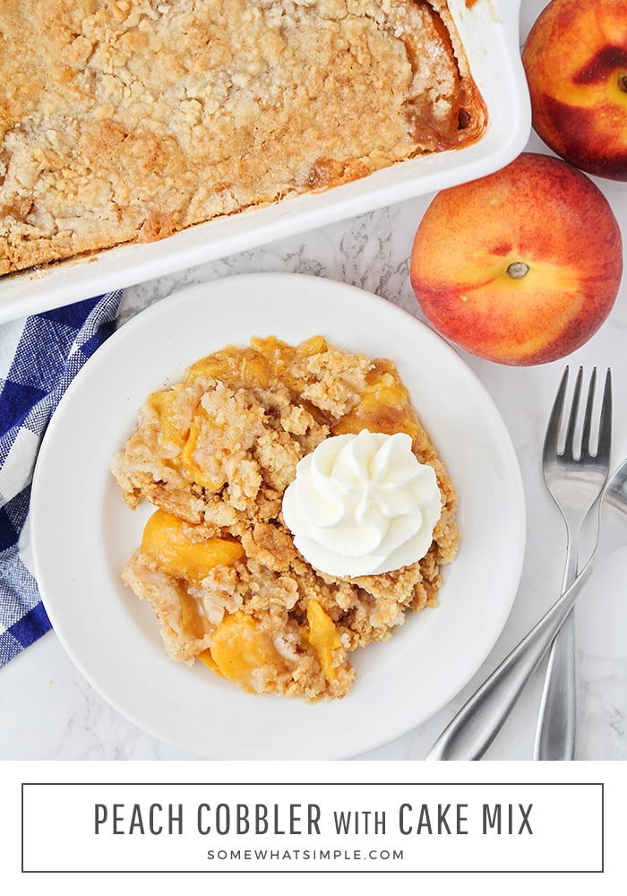 This cake mix peach cobbler recipe is a quick and easy way to enjoy a classic dessert.  Made using fresh peaches in about 5 minutes, you can enjoy a serving any time you want! #peachcobbler #cakemixpeachcobbler #howtomakepeachcobblerwithcakemix #peachcobblerwithcakemixrecipe #cakemixpeachcobblerfreshpeaches via @somewhatsimple