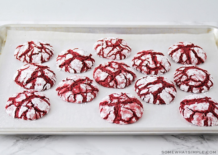 a tray of freshly baked cookies made from red velvet cake mix