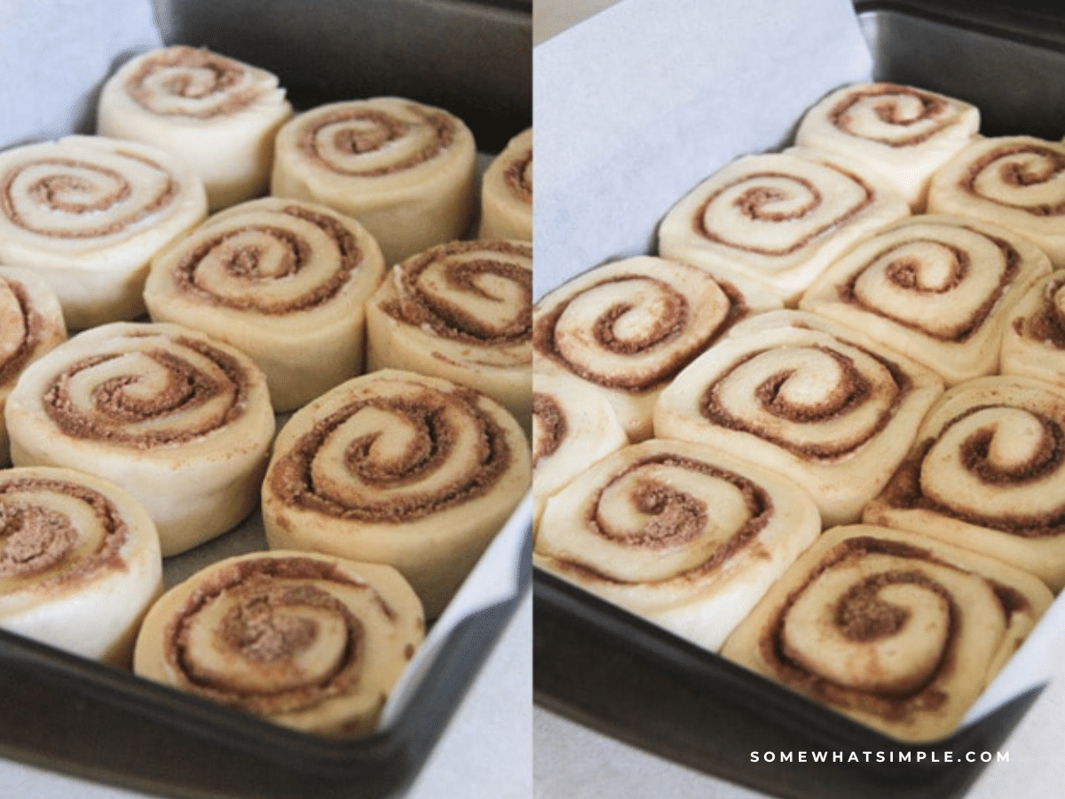 brown sugar cinnamon roll dough rising in the pan