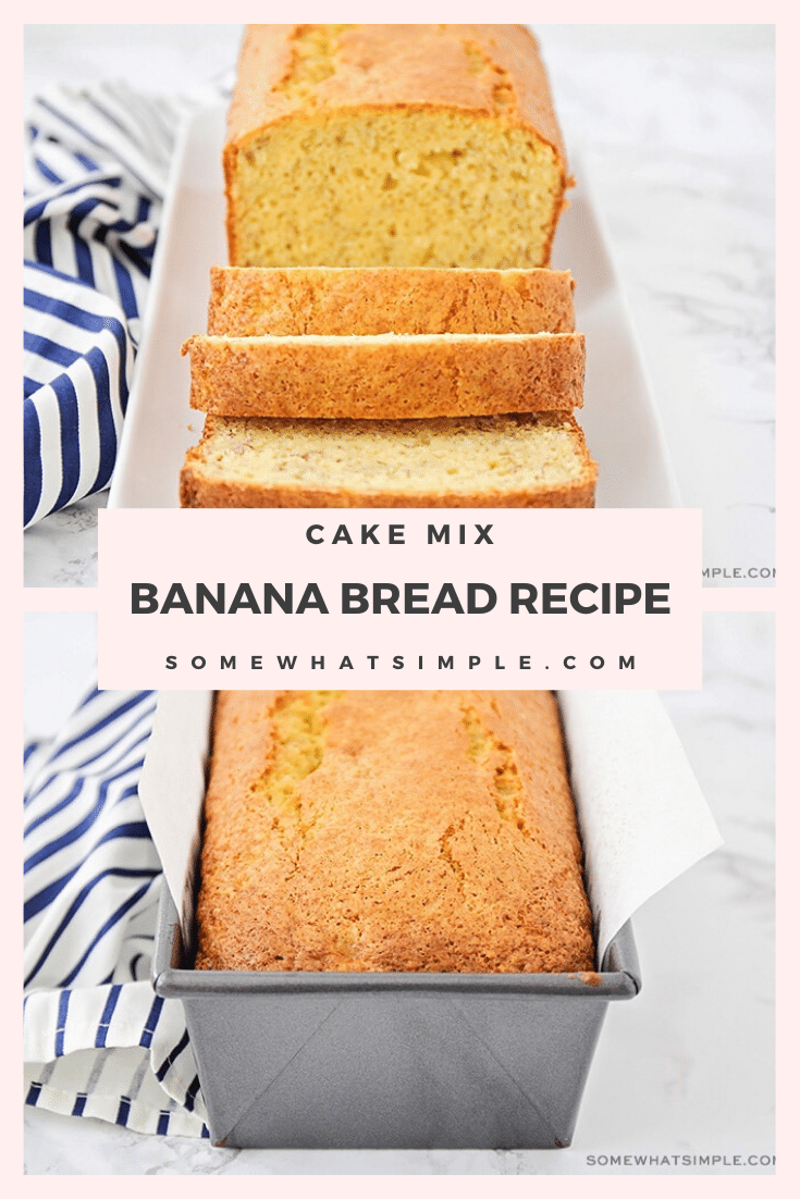 This simple and tasty cake mix banana bread has just four ingredients, and is so delicious. It's the easiest banana bread you'll ever bake! This short cut method will have you enjoying your banana bread in no time! #cakemixbananabread #bananabreadmadewithcakemix #cakemixbananabreadrecipe #easy4ingredientcakemixbananabread #yellowcakemixbananabread #bananabread #easybreadrecipe via @somewhatsimple