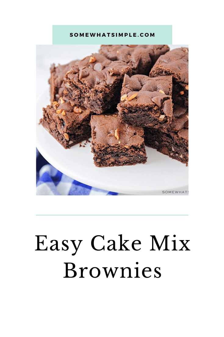 These rich and fudgy cake mix brownies are chocolatey and delicious! They only take five minutes of prep time, and they taste amazing! via @somewhatsimple