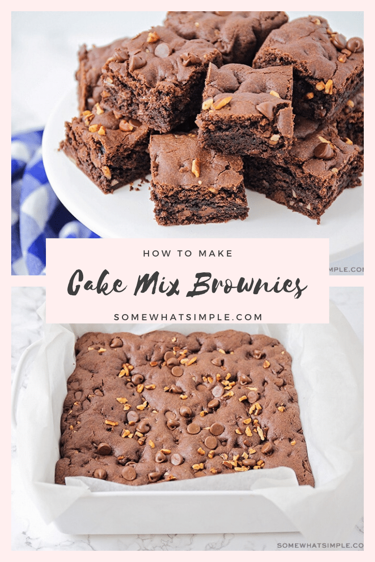 These rich and fudgy cake mix brownies are chocolatey and delicious! They only take five minutes of prep time, and they taste amazing! via @somewhatsimple