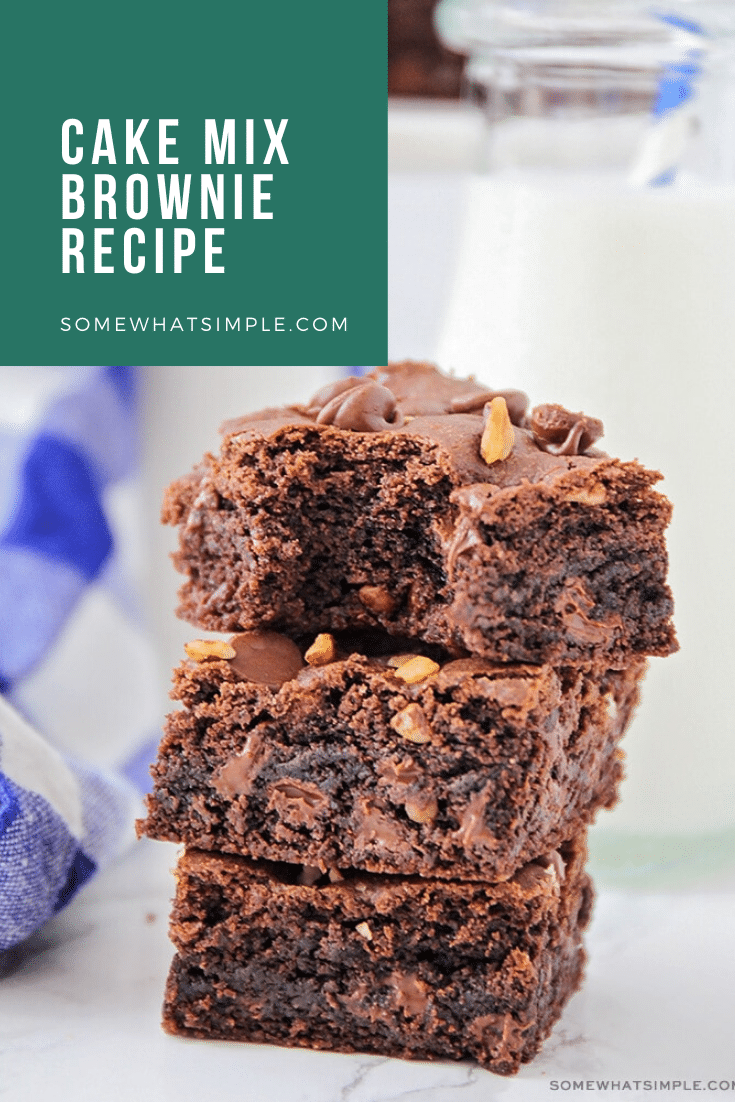 These rich and fudgy cake mix brownies are chocolatey and delicious! They only take five minutes of prep time, and they taste amazing! via @somewhatsimple