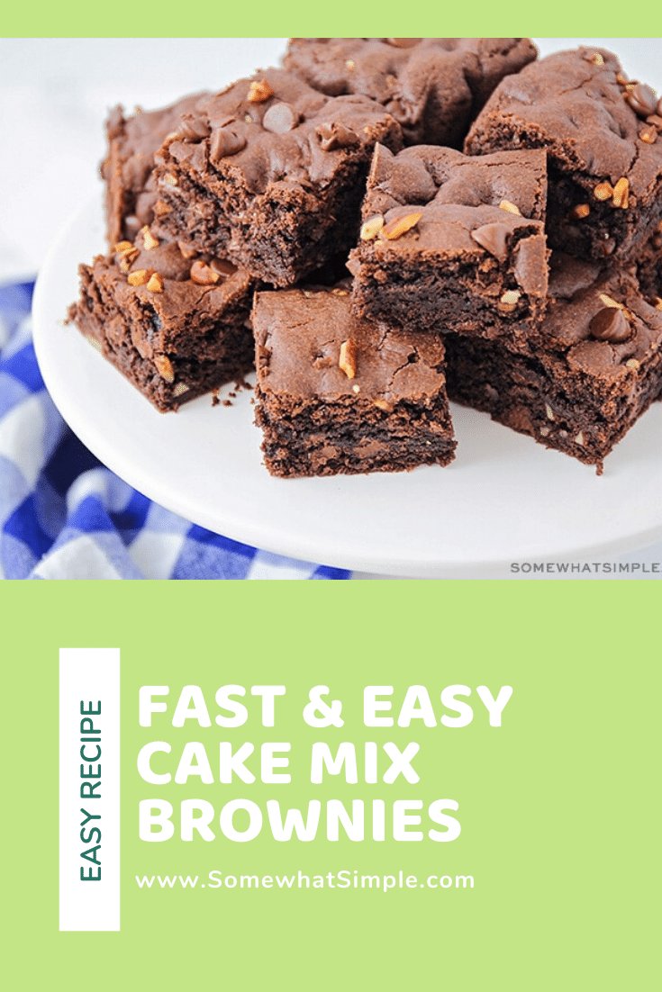 These rich and fudgy cake mix brownies are chocolatey and delicious! They only take five minutes of prep time, and they taste amazing! via @somewhatsimple