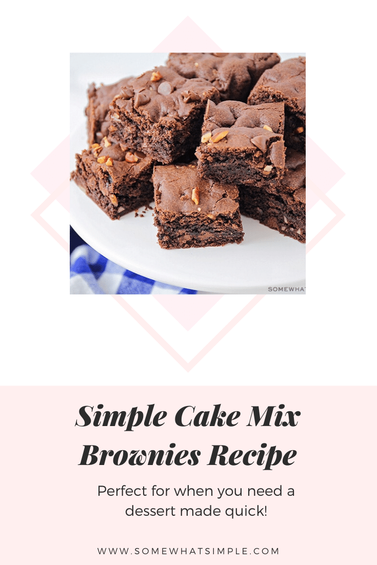 These rich and fudgy cake mix brownies are chocolatey and delicious! They only take five minutes of prep time, and they taste amazing! via @somewhatsimple