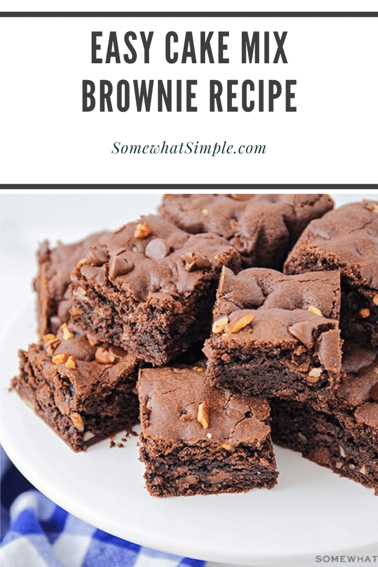 These rich and fudgy cake mix brownies are chocolatey and delicious! They only take five minutes of prep time, and they taste amazing! via @somewhatsimple