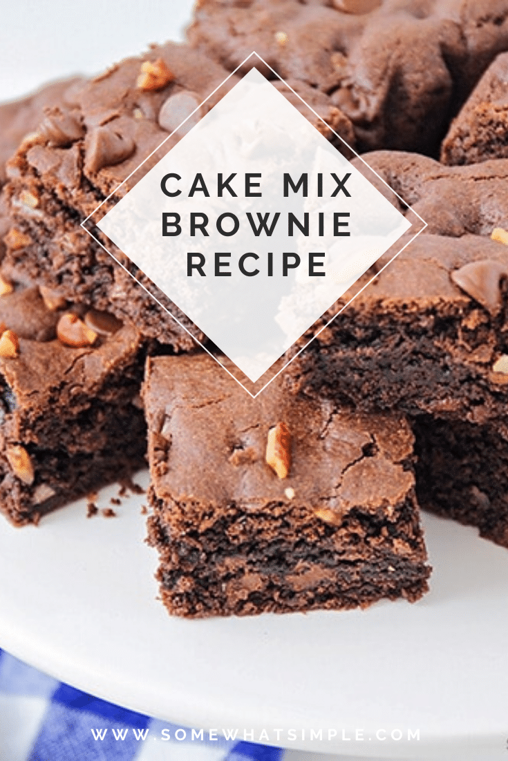 These rich and fudgy cake mix brownies are chocolatey and delicious! They only take five minutes of prep time, and they taste amazing! via @somewhatsimple