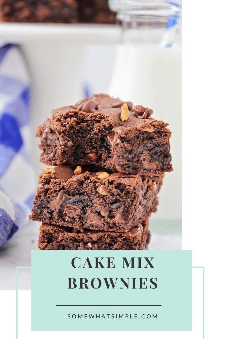 These rich and fudgy cake mix brownies are chocolatey and delicious! They only take five minutes of prep time, and they taste amazing! via @somewhatsimple