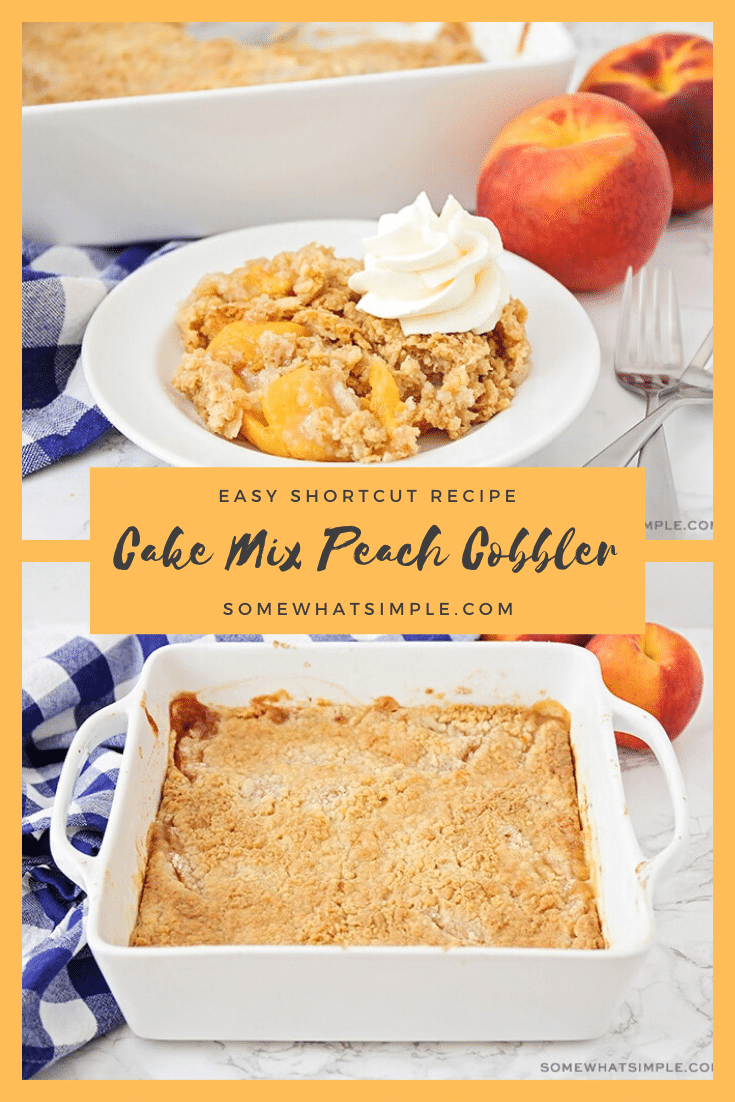 This cake mix peach cobbler recipe is a quick and easy way to enjoy a classic dessert.  Made using fresh peaches in about 5 minutes, you can enjoy a serving any time you want! via @somewhatsimple