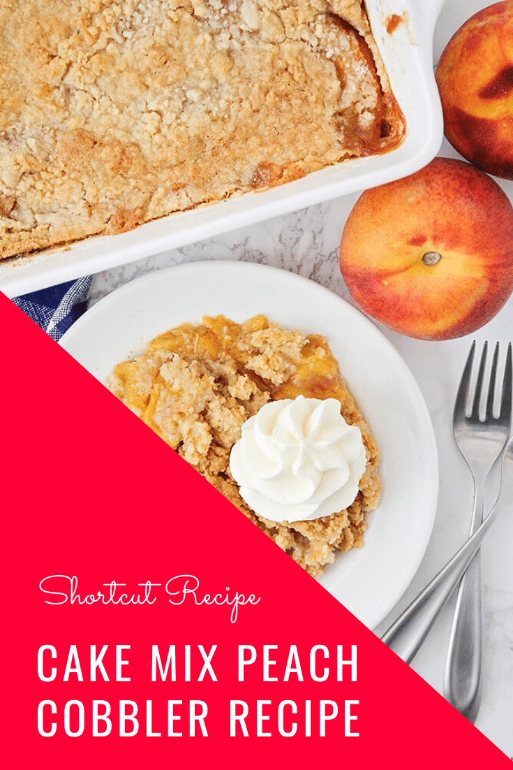 This cake mix peach cobbler recipe is a quick and easy way to enjoy a classic dessert.  Made using fresh peaches in about 5 minutes, you can enjoy a serving any time you want! via @somewhatsimple