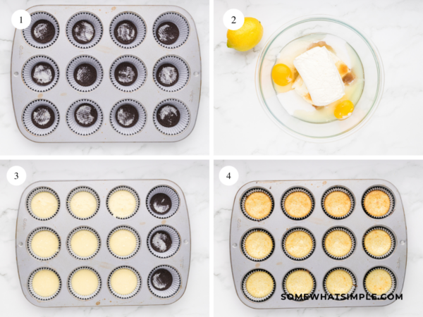 photos in a two by two grid showing the the instructions on how to make Mini Oreo Cheesecake