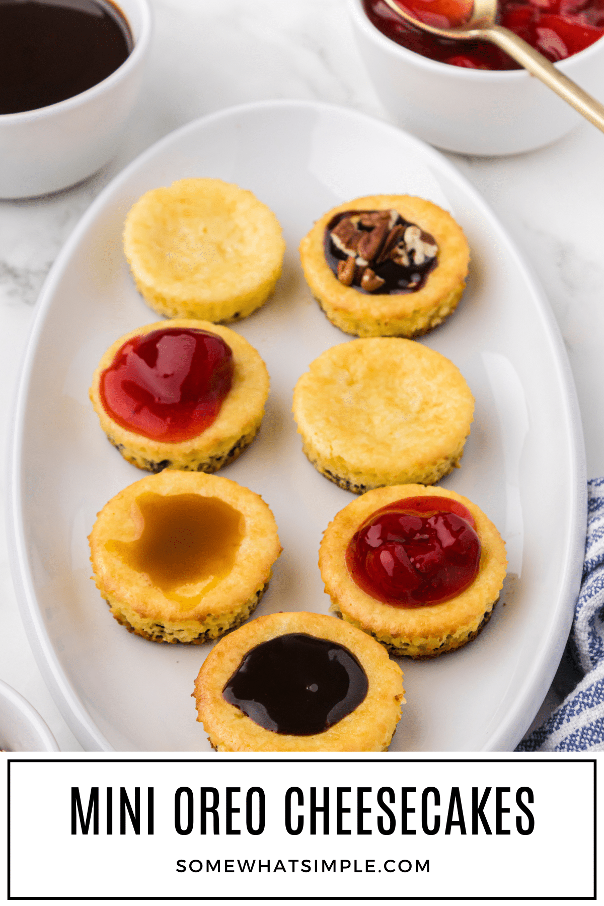 These mini cheesecakes are Made with a delicious Oreo cookie crust and baked in cupcake pans. They couldn't be any easier to make! via @somewhatsimple