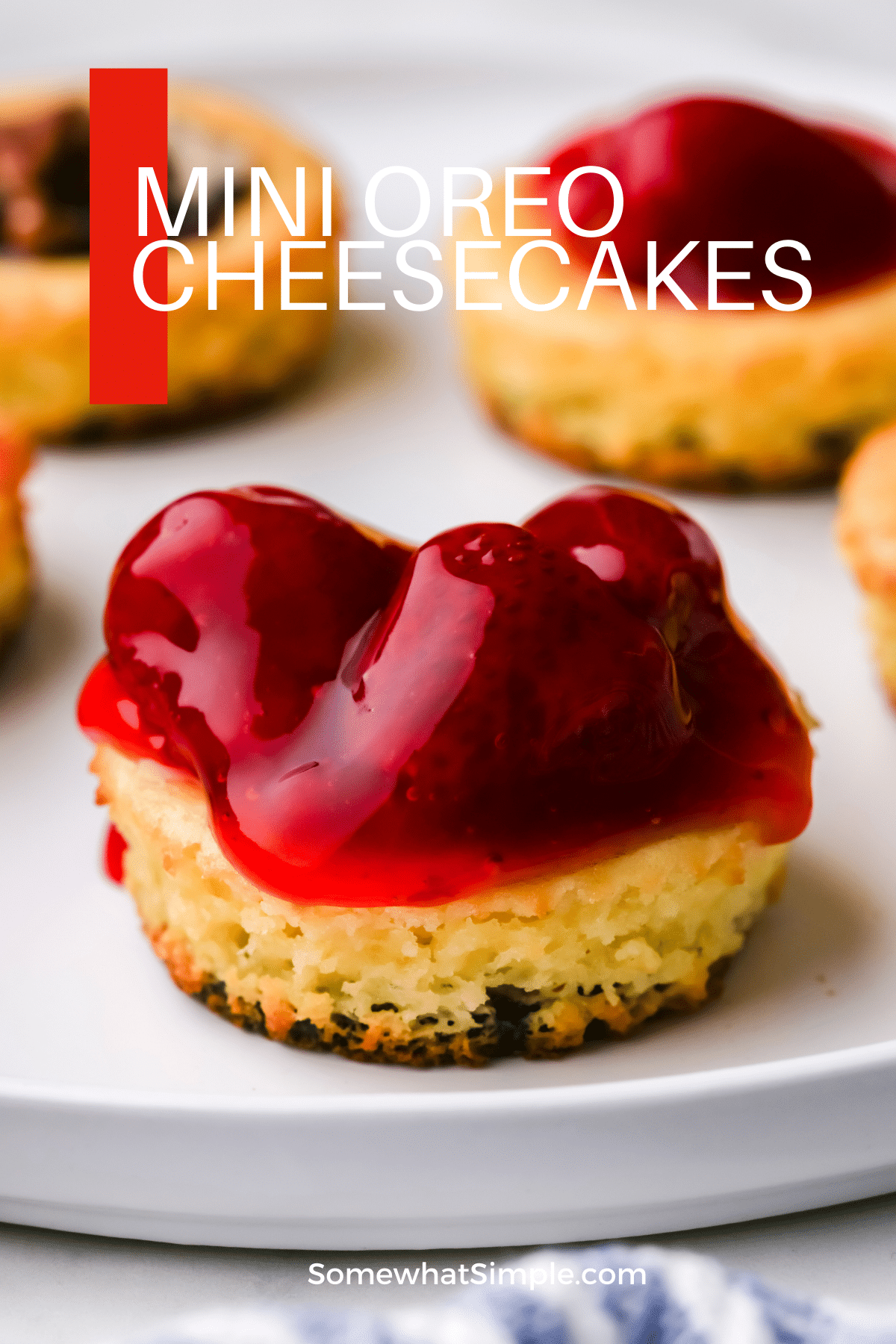 These mini cheesecakes are Made with a delicious Oreo cookie crust and baked in cupcake pans. They couldn't be any easier to make! via @somewhatsimple