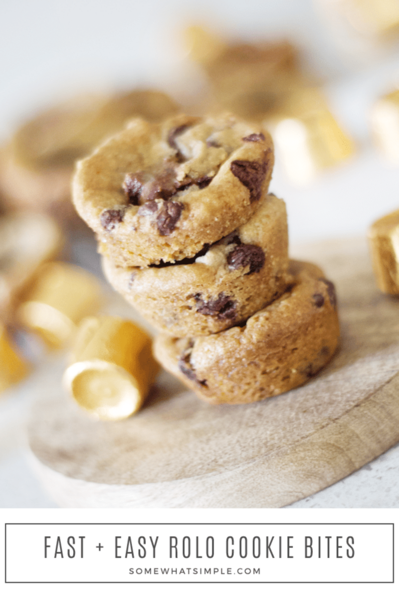long image showing a stack of rolo cookies with unwrapped candies next to them