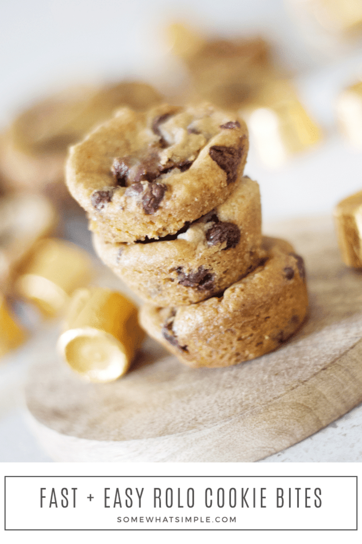 Rolo cookie bites are quite possibly the EASIEST treats you'll ever make!! They are made with only two ingredients and take about 15 minutes of your time from start to finish! #rolocookiebites #rolocookies #rolocookiebitesrecipe #howtomakerolocookies via @somewhatsimple