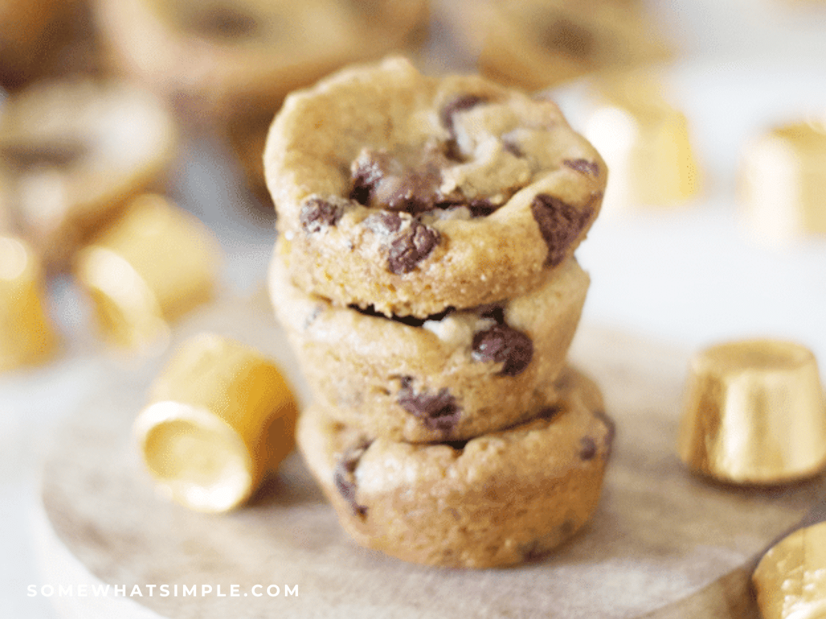 plated stack of rolo cookies on a wood cutting board