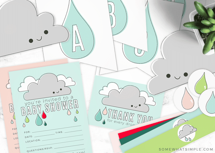 baby shower invitations, thank you notes and other decorations that are included in this baby shower printable pack