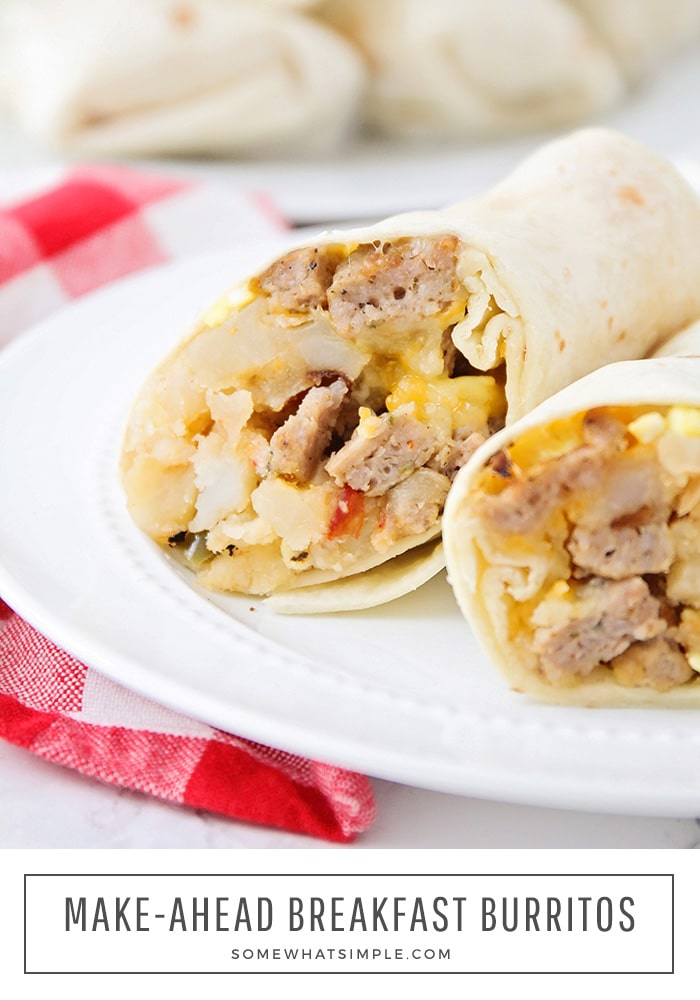 These breakfast burritos are so easy to make and a perfect breakfast to make ahead of time for those busy mornings!  Enjoy this delicious recipe in the morning for breakfast or freeze them to eat later. #breakfastburritosrecipe #makeaheadbreakfastburritos #freezerbreakfastburritos #easybreakfastburritos #howtomakeabreakfastburrito via @somewhatsimple