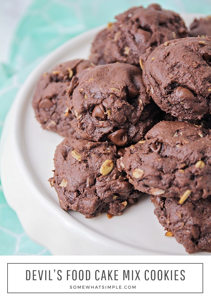 These devil's food cake mix cookies are super easy to make and your family will love them.  Using only 5 ingredients, you can spend more time eating these cookies than you will making them! #devilsfoodcookies #devilsfoodcakemixcookies #devilsfoodcakemixcookierecipe #devilscakecookies #devilsfoodcakecookierecipe via @somewhatsimple