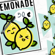 these cute lemonade stand sign and banner free printables layed out on a counter