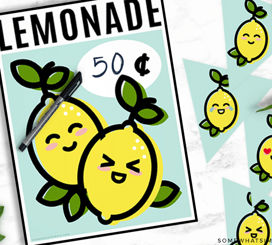 these cute lemonade stand sign and banner free printables layed out on a counter