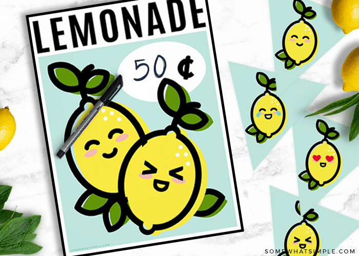 a lemonade stand sign that feature two small lemons with faces and a place where you can write in the cost per cup of lemonade