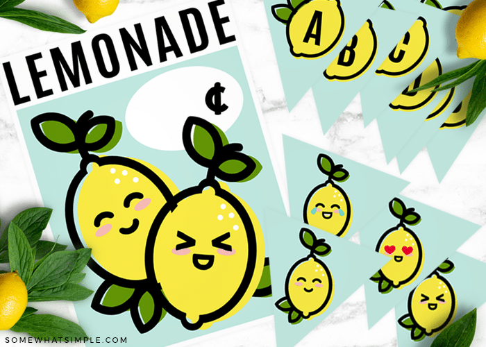 these cute lemonade stand sign and banner free printables layed out on a counter