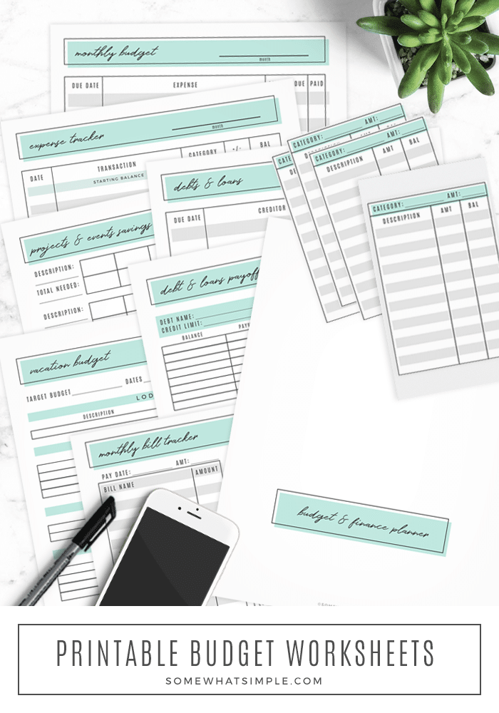 Track your spending, pay your bills, and grow your savings with our printable budget planner! 8 savvy spreadsheets to get your finances organized and back on track! #budget #printable #savings #finances #help #expensetracker via @somewhatsimple