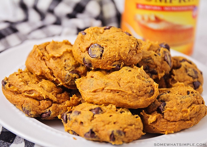 a close up of a stack of pumpkin chocolate chip cookies on a white plate