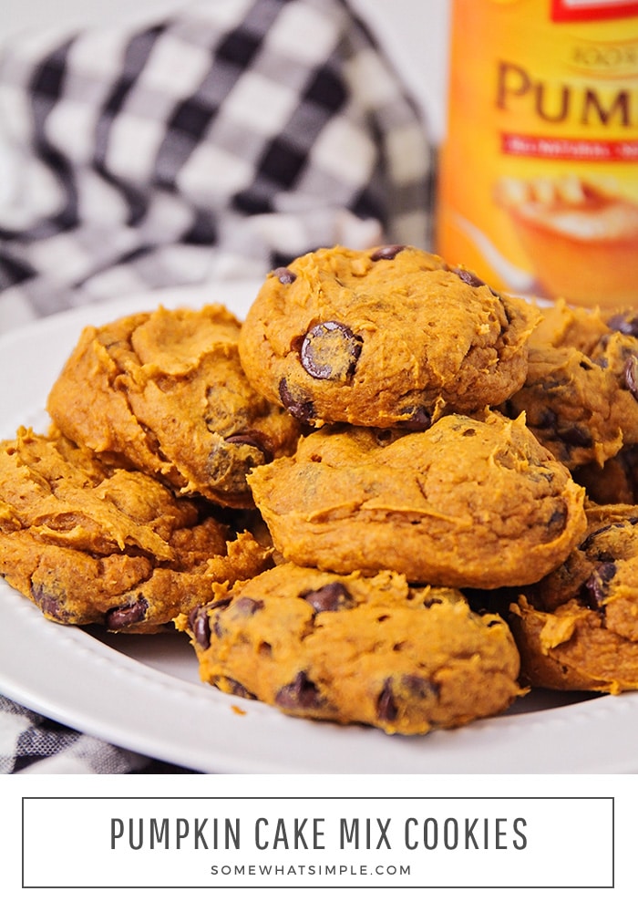 Welcome in the cool fall weather with these cake mix pumpkin chocolate chip cookies! With only 3 ingredients, they are easy to make and taste DELICIOUS! #pumpkinchocolatechipcookies #cakemixpumpkincookies #easy3ingredientpumpkincookies #cakemixpumpkinchocolatechipcookies #cakemixpumpkinchocolatechipcookiesrecipe via @somewhatsimple