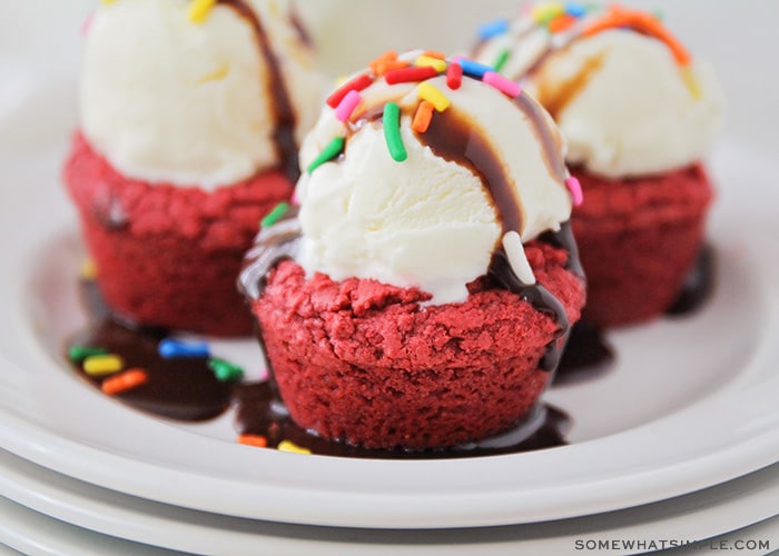 a close up of a red velvet brownie made with cake mix topped with vanilla ice cream