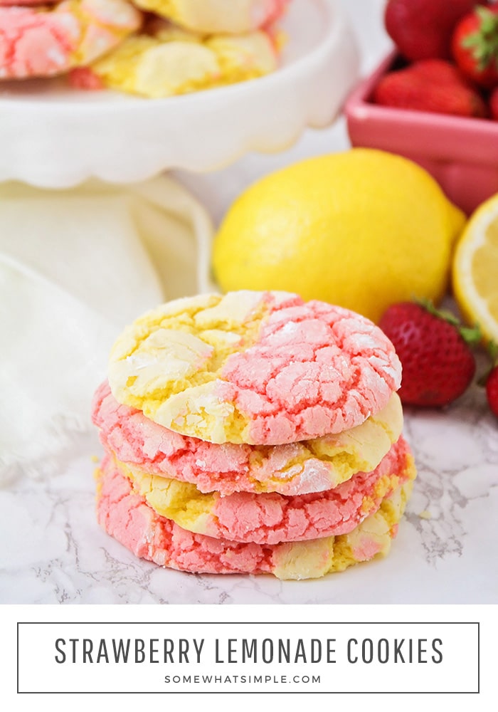 These strawberry lemonade cookies that are drizzled in a delicious icing, are the perfect combination of sweet and sour.  Made using cake mix, these cookies are fast and easy to make! #strawberrylemonadecookies #pinklemonadecookies #strawberrylemonadacakemixcookies #strawberrylemonadecookierecipe #easystrawberrylemonadecookies via @somewhatsimple