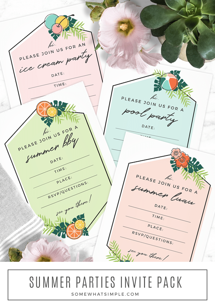 Download our FREE Summer Party Invitations and get ready for an amazing summer full of ice cream parties, BBQs, luaus, and gatherings at the pool! #summerpartyinvitations #summerpartyinvitationtemplate #summerpartyinvitationfreeprintable #poolpartyinvitationfreeprintable #freeprintablesummerbbqinvitation via @somewhatsimple