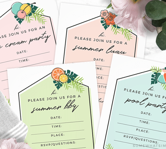 summer party invitations for different events like a bbq, ice cream party and pool party