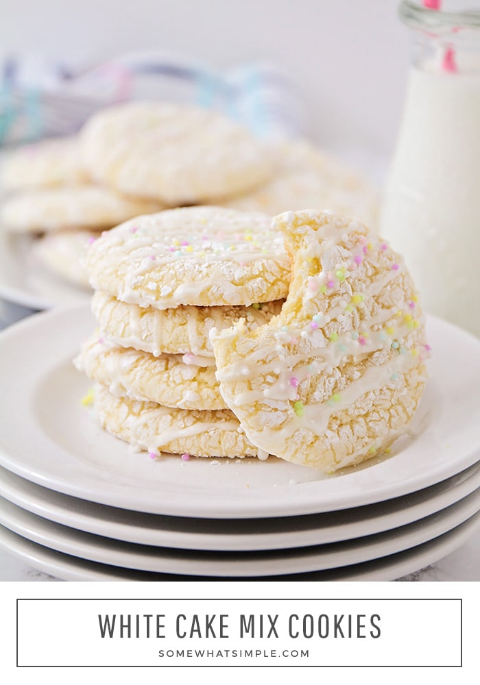 White cake mix cookies are as pretty as they are delicious! Made with just 4 ingredients, they come together easily and are perfect for any special occasion! #cakemixcookies #whitecakemixcookierecipe #3ingredientwhitecakemixcookies #whitecakemixcookies #bettycrockerwhitecakemixcookierecipe via @somewhatsimple