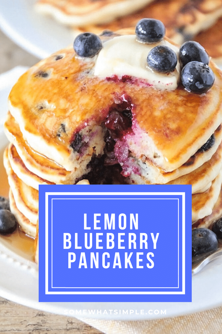 Lemon blueberry pancakes are a delicious twist on a classic breakfast.  Made with the perfect combination of sweet and sour, these pancakes are light, fluffy and bursting with fresh juicy blueberries! #lemonblueberrypancakes #lemonblueberrypancakesrecipe #easylemonblueberrypancakes #lemonblueberrypancakesfromscratch #easybreakfast #bestpancakes via @somewhatsimple