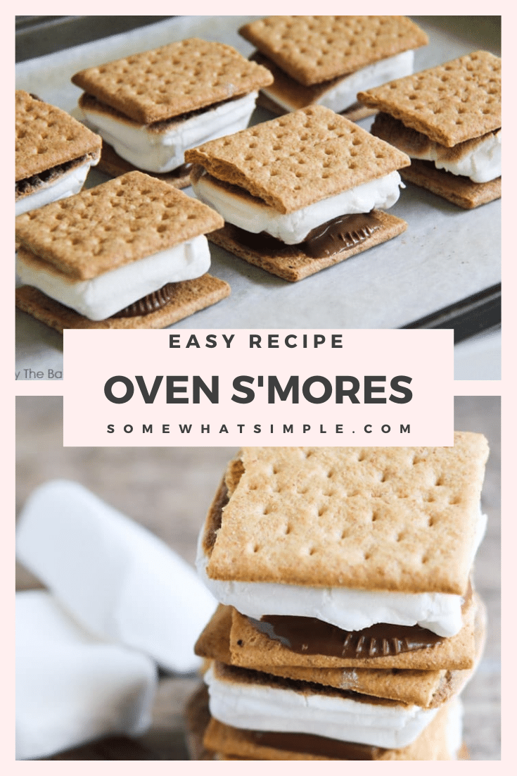 No fire pit? No problem! Indoor S'Mores make the perfect little snack, or they can be made by the dozens to serve at your next celebration! These indoor s'mores are easily made in your oven and are ready to enjoy in just minutes. There's nothing better than this classic chocolate and marshmallow dessert recipe. via @somewhatsimple