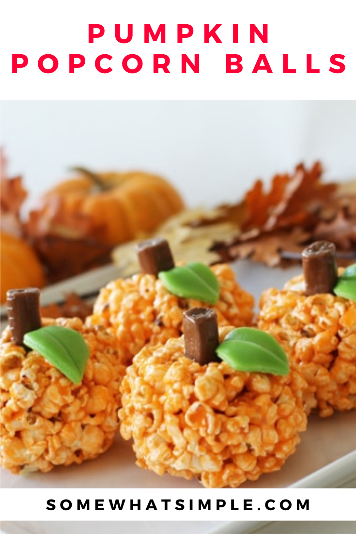 These easy Halloween Popcorn Pumpkin Balls are a fun little treat that are perfect for any fall party! via @somewhatsimple