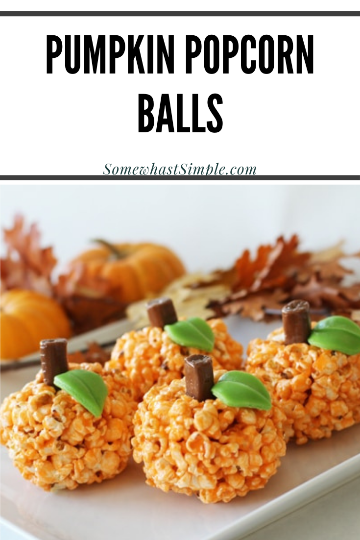 These simple and easy Halloween pumpkin popcorn balls are a fun Halloween treat that are perfect for any party and the kids will absolutely love them! Made with popcorn, jello and small pieces of candy, they couldn't be any easier to make! via @somewhatsimple