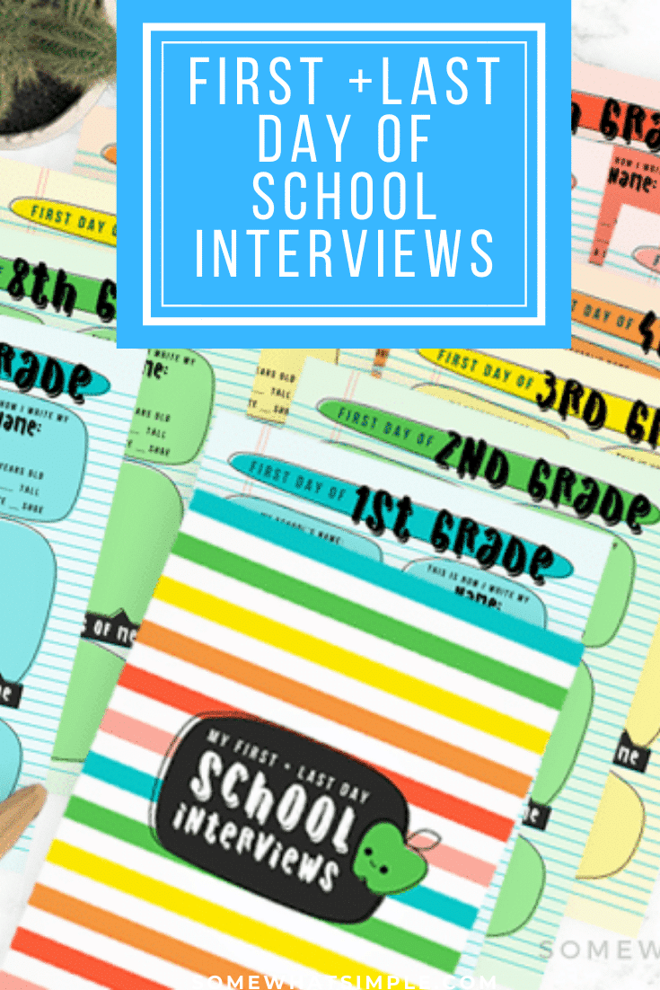 This first + last day of school interviews printable pack is an amazing keepsake for your kid’s school years! Don’t miss out on these precious memories and preserve them today! Grab yours now, just in time for the first (or last) day of school! #firstdayofschoolinterviewprintable #firstdayofschoolinterviewquestions #lastdayofschoolinterviewprintable #lastdayofschoolinterviewquestions #kindergarteninterviewquestions via @somewhatsimple