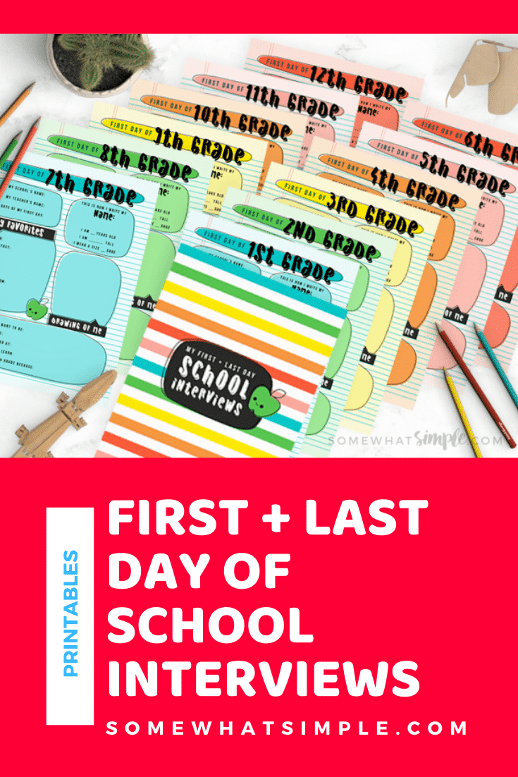 This first + last day of school interviews printable pack is an amazing keepsake for your kid’s school years! Don’t miss out on these precious memories and preserve them today! Grab yours now, just in time for the first (or last) day of school! #firstdayofschoolinterviewprintable #firstdayofschoolinterviewquestions #lastdayofschoolinterviewprintable #lastdayofschoolinterviewquestions #kindergarteninterviewquestions via @somewhatsimple