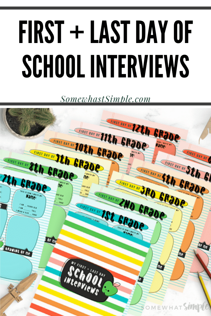 This first + last day of school interviews printable pack is an amazing keepsake for your kid’s school years! Don’t miss out on these precious memories and preserve them today! Grab yours now, just in time for the first (or last) day of school! #firstdayofschoolinterviewprintable #firstdayofschoolinterviewquestions #lastdayofschoolinterviewprintable #lastdayofschoolinterviewquestions #kindergarteninterviewquestions via @somewhatsimple