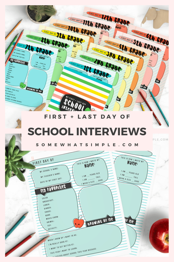 This first + last day of school interviews printable pack is an amazing keepsake for your kid’s school years! Don’t miss out on these precious memories and preserve them today! Grab yours now, just in time for the first (or last) day of school! #firstdayofschoolinterviewprintable #firstdayofschoolinterviewquestions #lastdayofschoolinterviewprintable #lastdayofschoolinterviewquestions #kindergarteninterviewquestions via @somewhatsimple